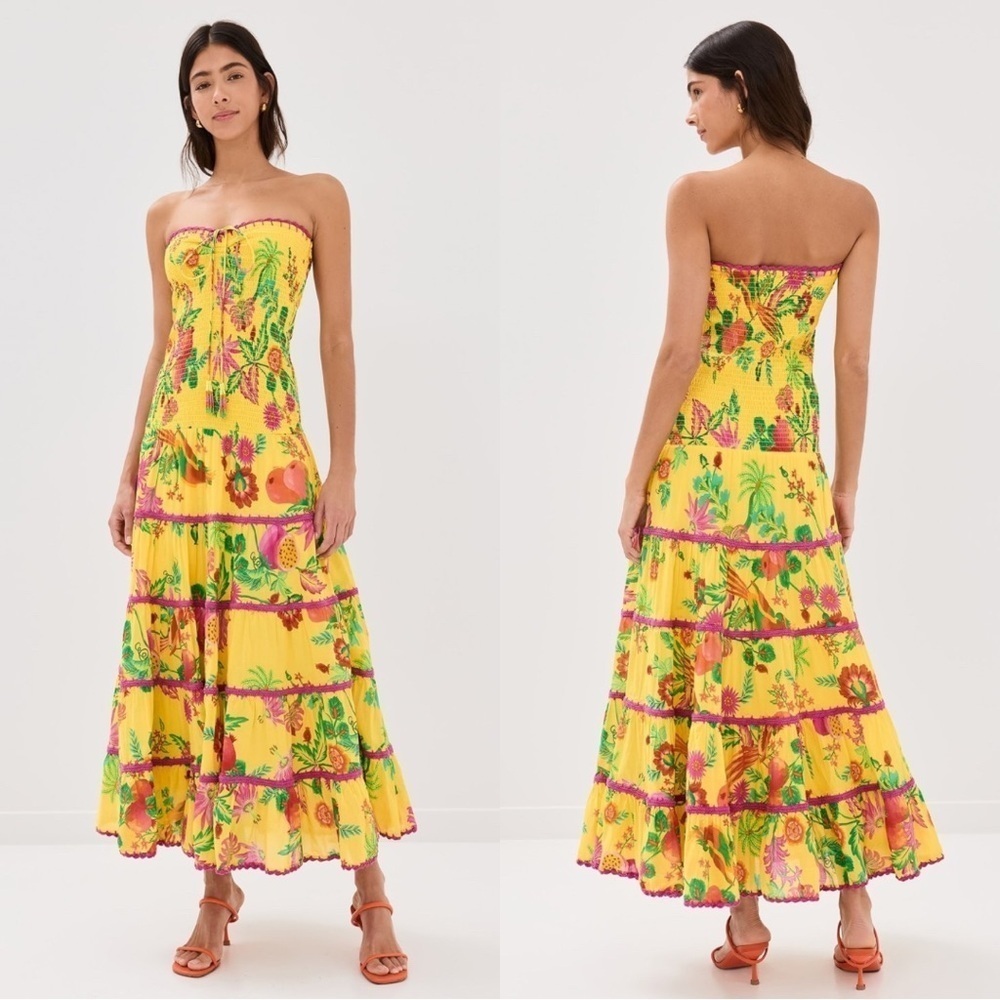 Farm Rio Delicate Fruit Garden Yellow Smocked Strapless Halter Tiered Maxi Dress - Picture 3 of 14